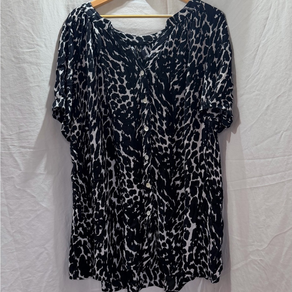 Roaman's Black and White Animal Print Button-Front Top